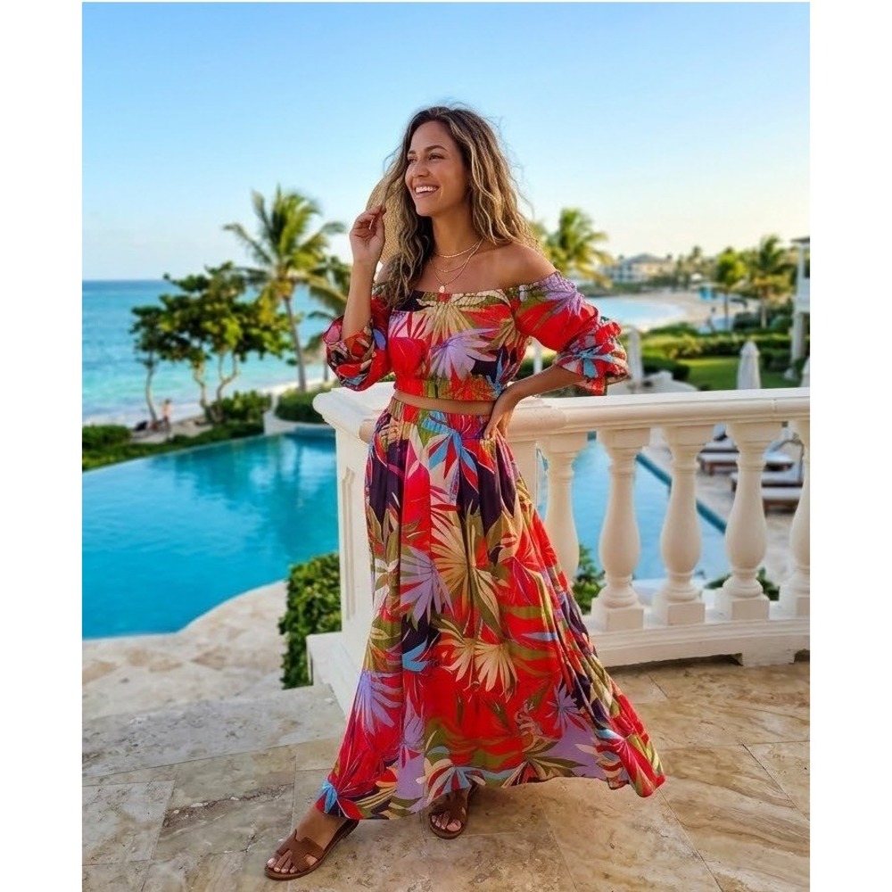 Rachel Zoe Maxi Skirt S and Top M Set Tropical Floral Resortwear Boho Red NWT